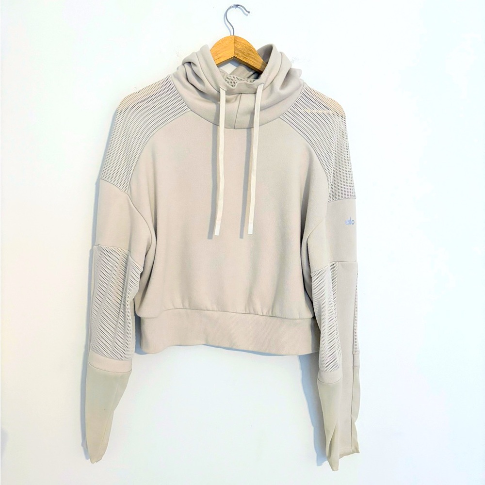 ALO YOGA cropped off white mesh netting paneled hoodie sweatshirt medium